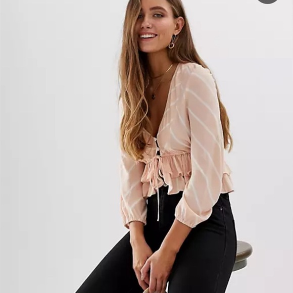 FREE PEOPLE Blouse Womens Small Pink & White Stripe Samifran Balloon Sleeve Top - Picture 3 of 11